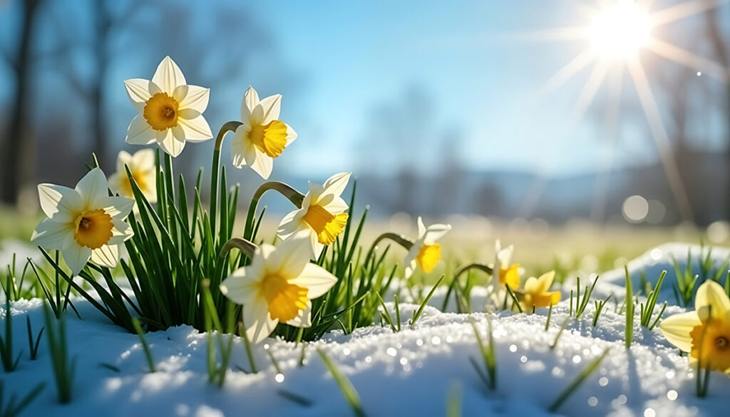 Early spring daffodils bloom amidst melting snow in bright sunli